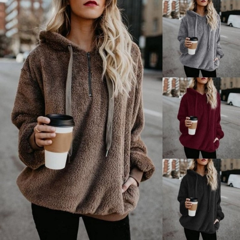 Solid Color Women's Long-Sleeved Hooded Sweater Coat