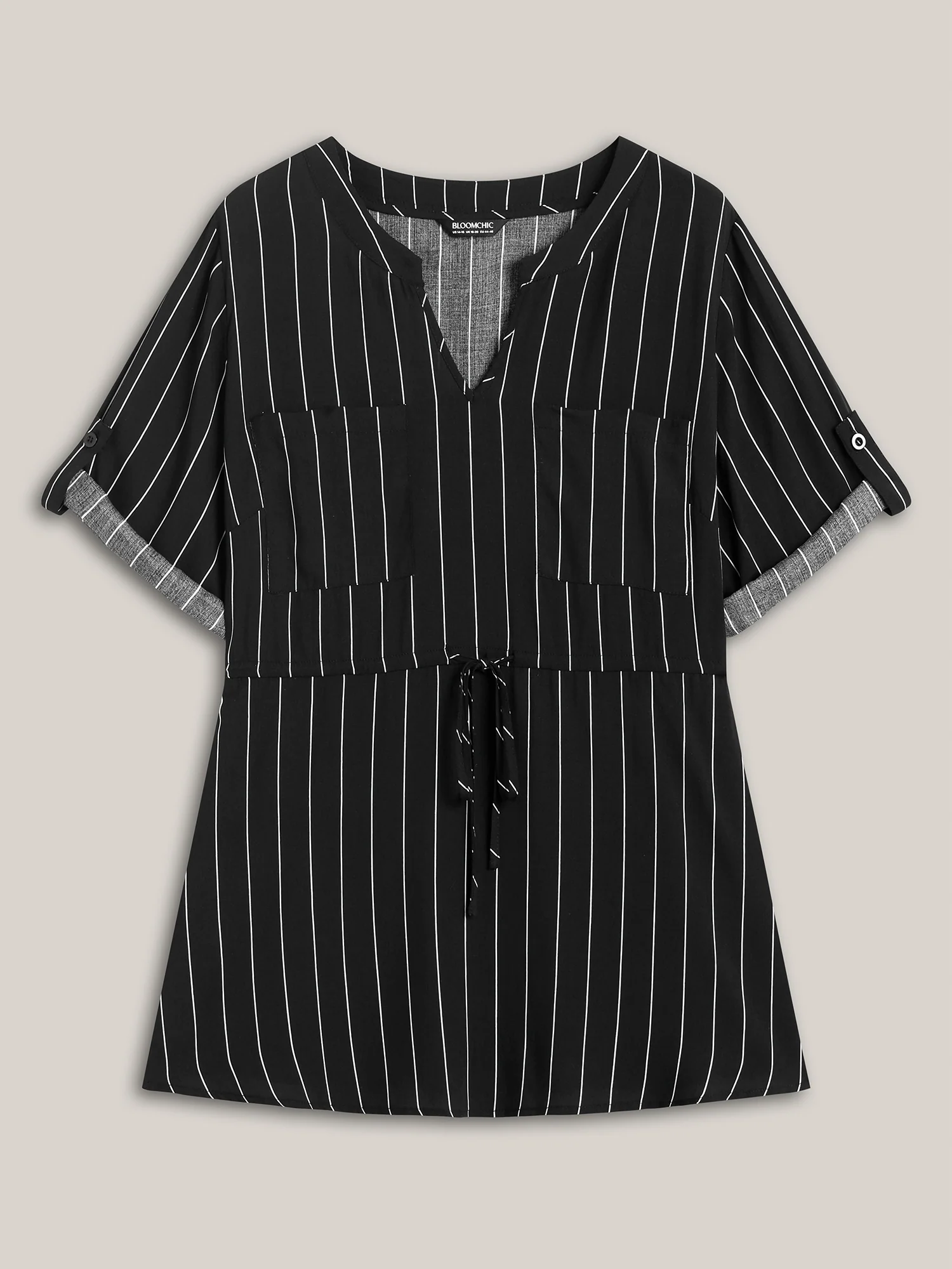 Striped Waist-Tie Pockets Blouse