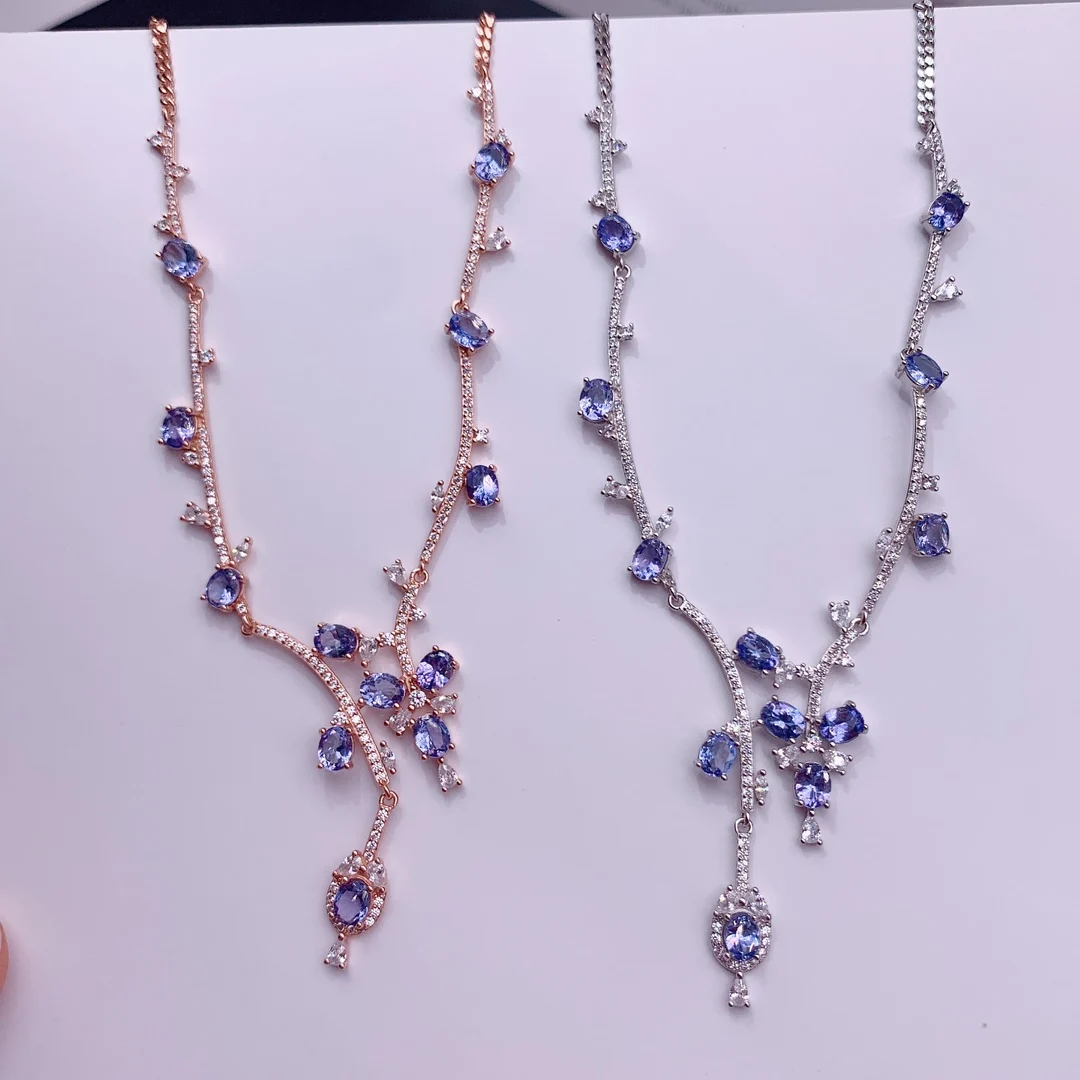 925 Silver Personality Natural Tanzanite Necklace Chain Row Jewelry Pure Beauty women's luxury jewelry certified boutique