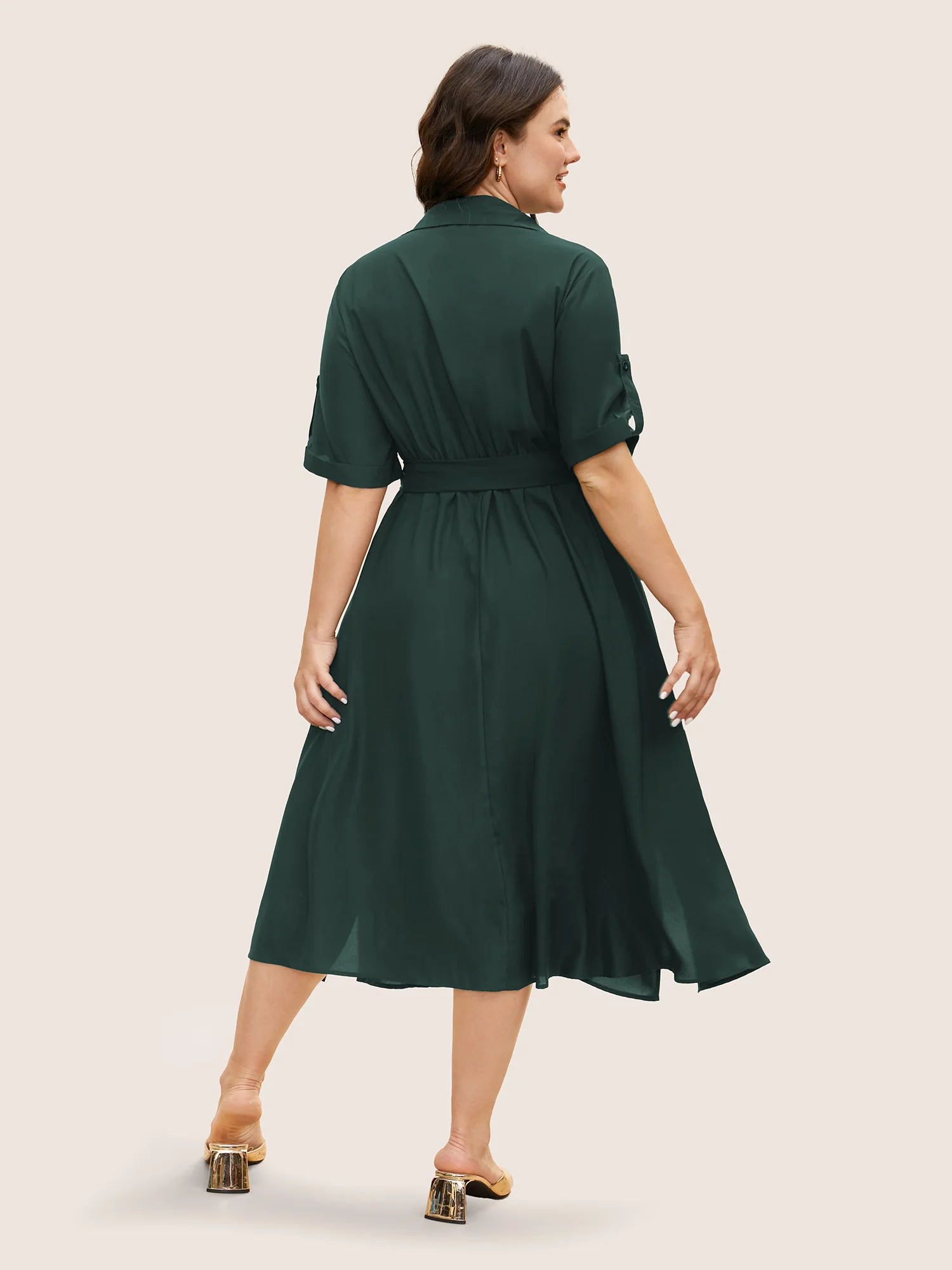 Shirt Collar Tab Sleeve Split Hem Dress