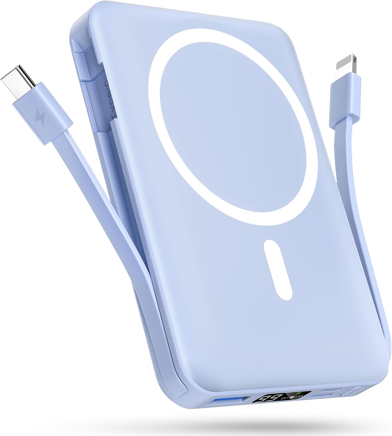 podoru Wireless Portable Charger, 10000mAh Magnetic Power Bank Built-in USB-C Lighting Cables 22.5W PD Fast Charging LED Display Mag-Safe Battery Pack for iPhone 15/14/13/12/Mini/Pro/Pro Max - White