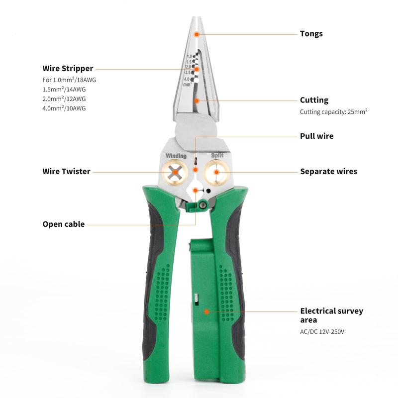 8 in 1 Wire Stripper Twister for Cutting and Pulling Wires, Cable Scissors,Voltage Tester Pliers, 12V to 250V Live,Null,Hot Wire Judgment AC DC, Audible and Flashing LED Alarms