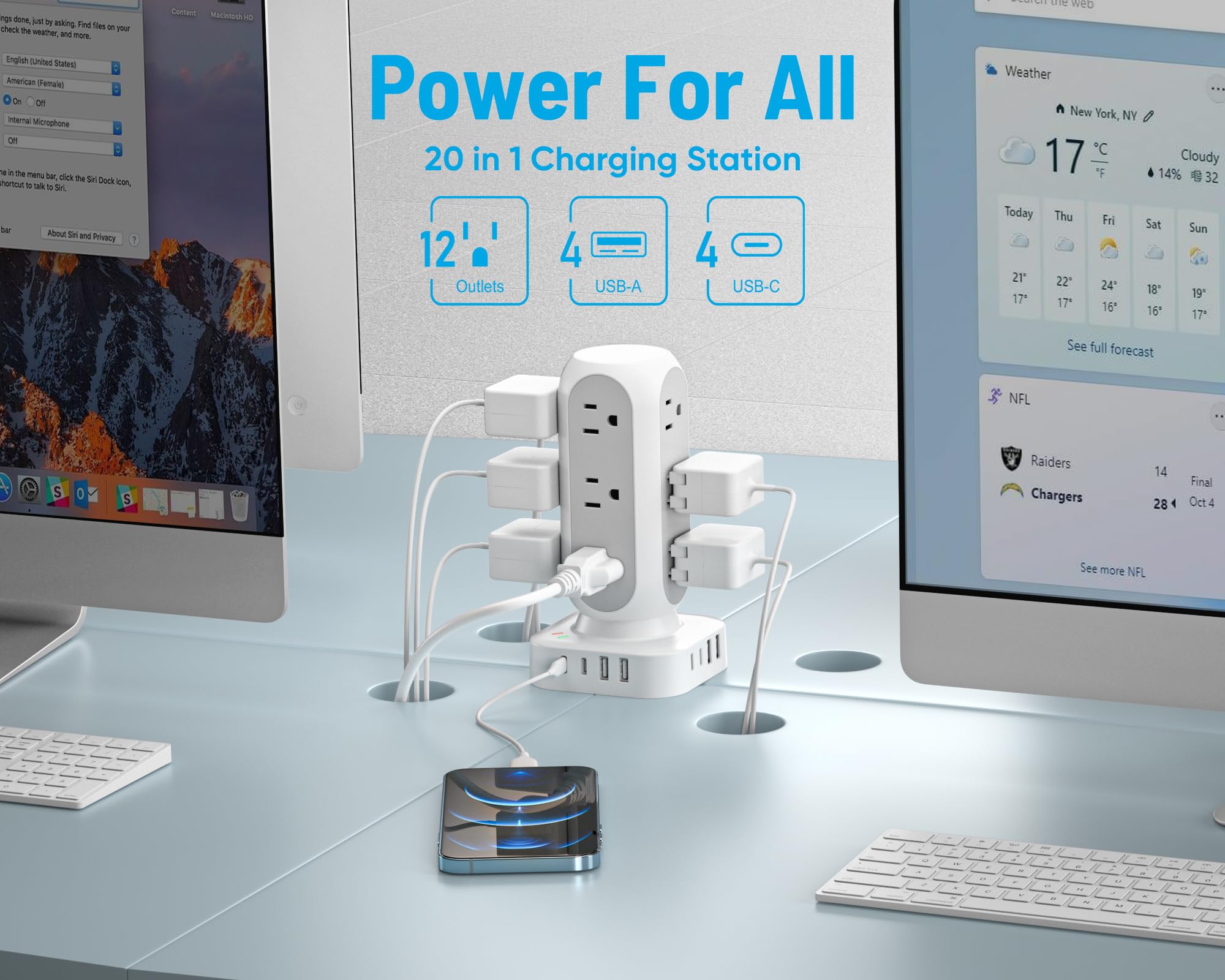 🔥Last Day 49% OFF🔥Flat Plug Power Strip Tower, 10FT 40W Total Fast Charging Station