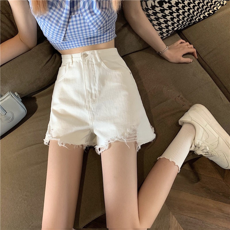 White Ripped high-waisted skinny hot pants spicy broad leg jeans