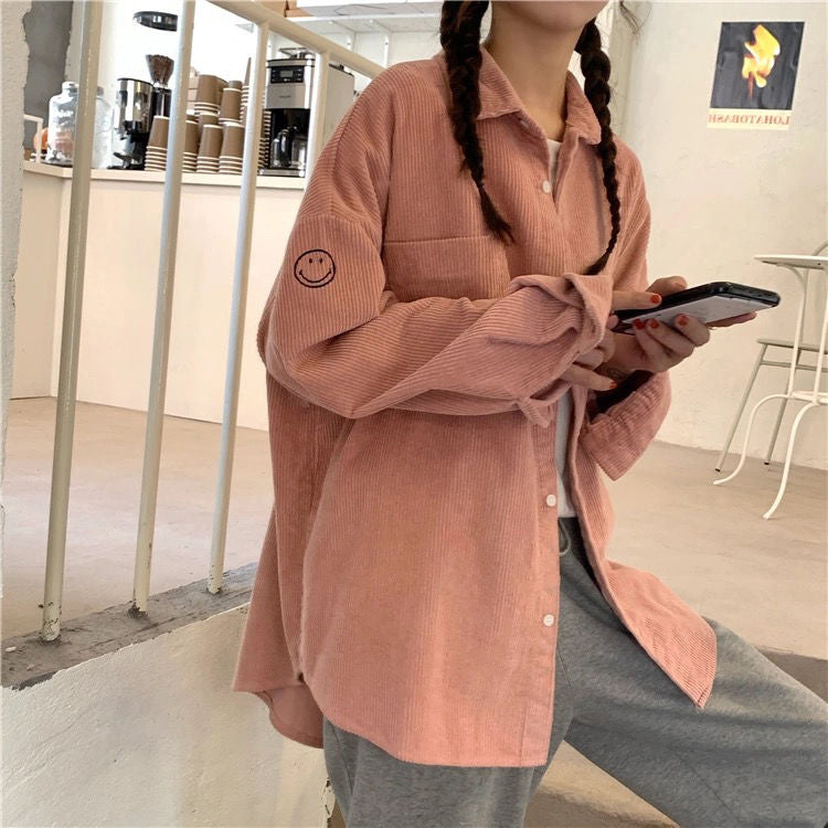 Smile Emoticon Pattern Long Sleeve Corduroy Blouse
