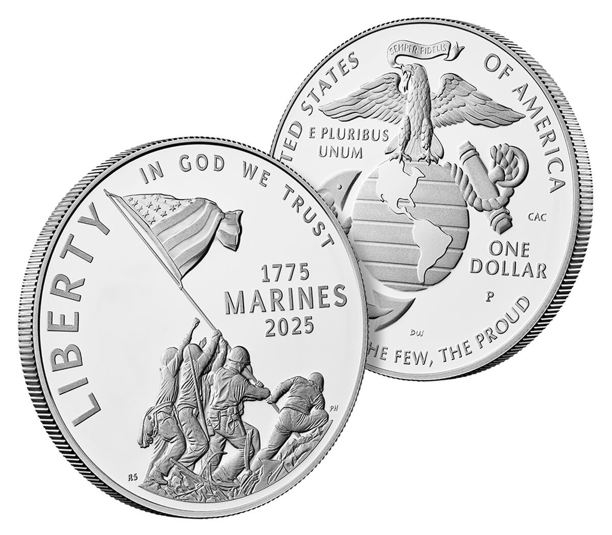 2025 P U.S. Marine Corps USMC 250th Anniversary Silver Commemorative Dollar, First Strike PCGS MS70 G