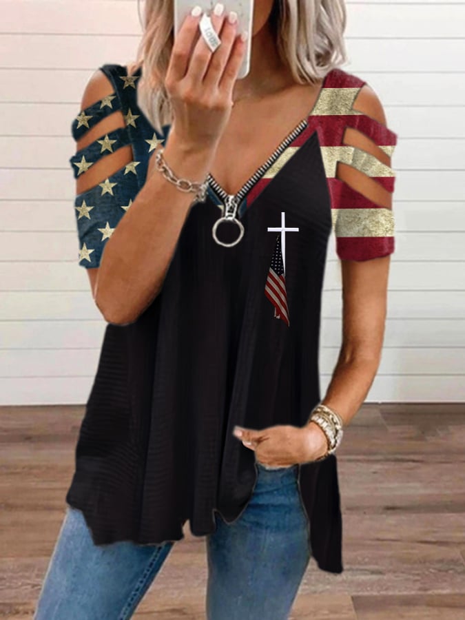 Women'S Flag Cross Print V-Neck Top