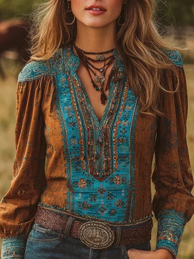 Women's Western Vintage Floral Print Shirt