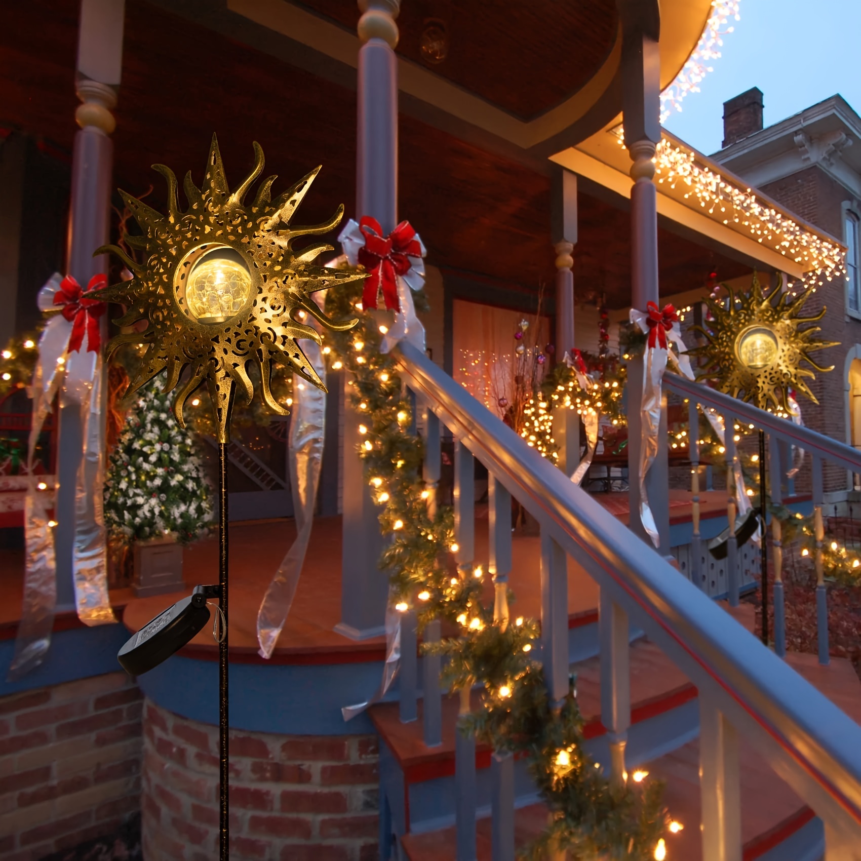 1pc Flame Sun Hollow Out Iron Landscape Decorative Lamp, Cracked Glass Bulb Lamp, Waterproof LED Lamp For Garden, Lawn, Courtyard