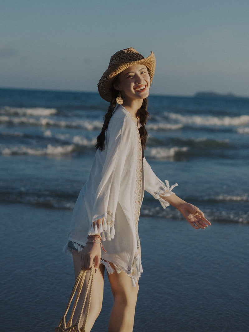 Ethnic Embroidery Sun Protection Shirt Beach Baggy Coat
