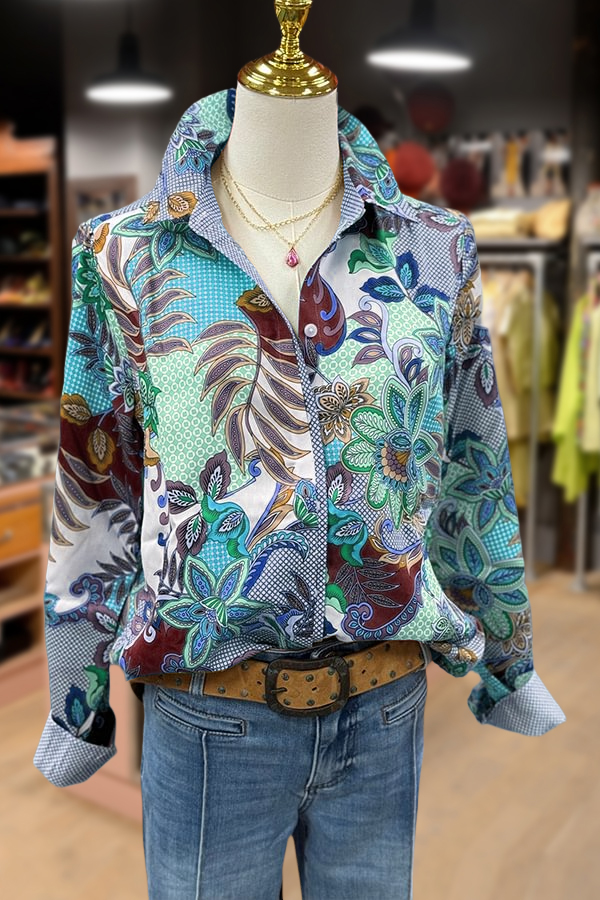 Multi Floral Print Collared Long Sleeve Blouse