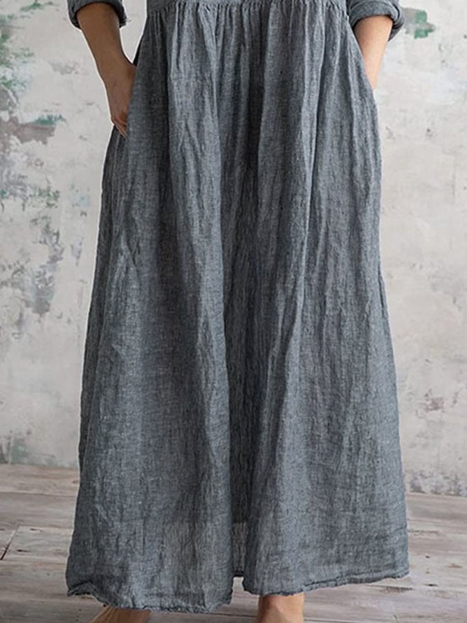 V-Neck Solid Color Vintage Dress