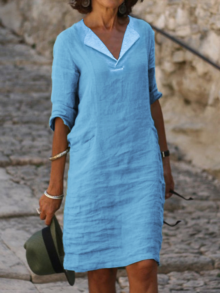 Lapel V Neck Linen Cotton Midi Dress