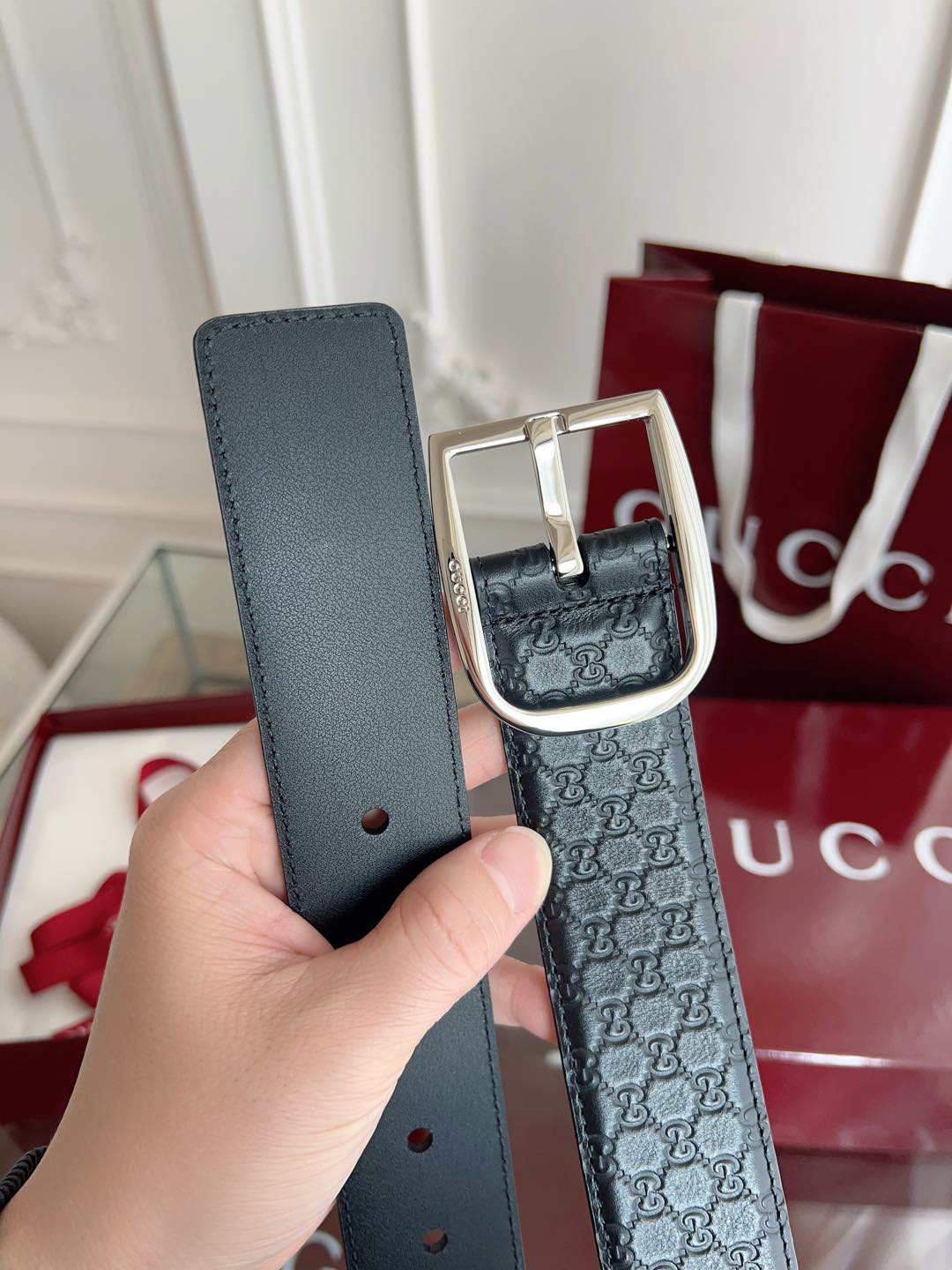 Gucci pin buckle embossed leather belt width 4.0cm