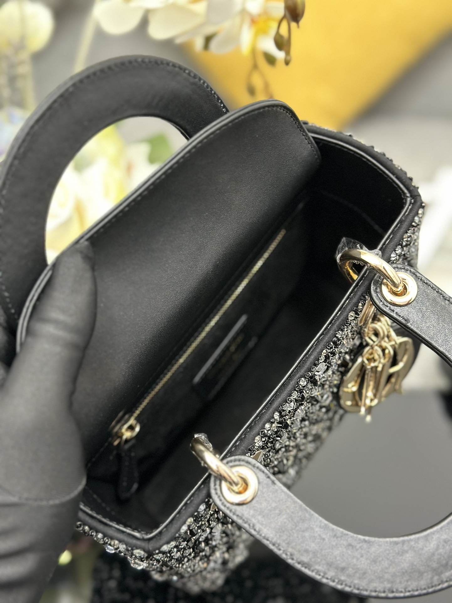 Dior Lady four-grid embroidery diamond black Princess Diana bag M0538