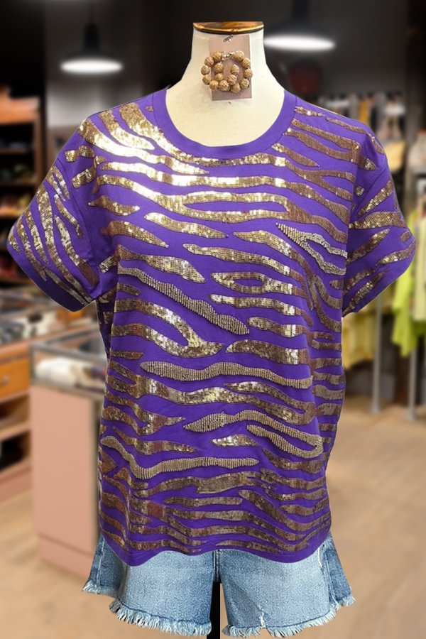 Sequin Tiger Pattern Short Sleeve Top