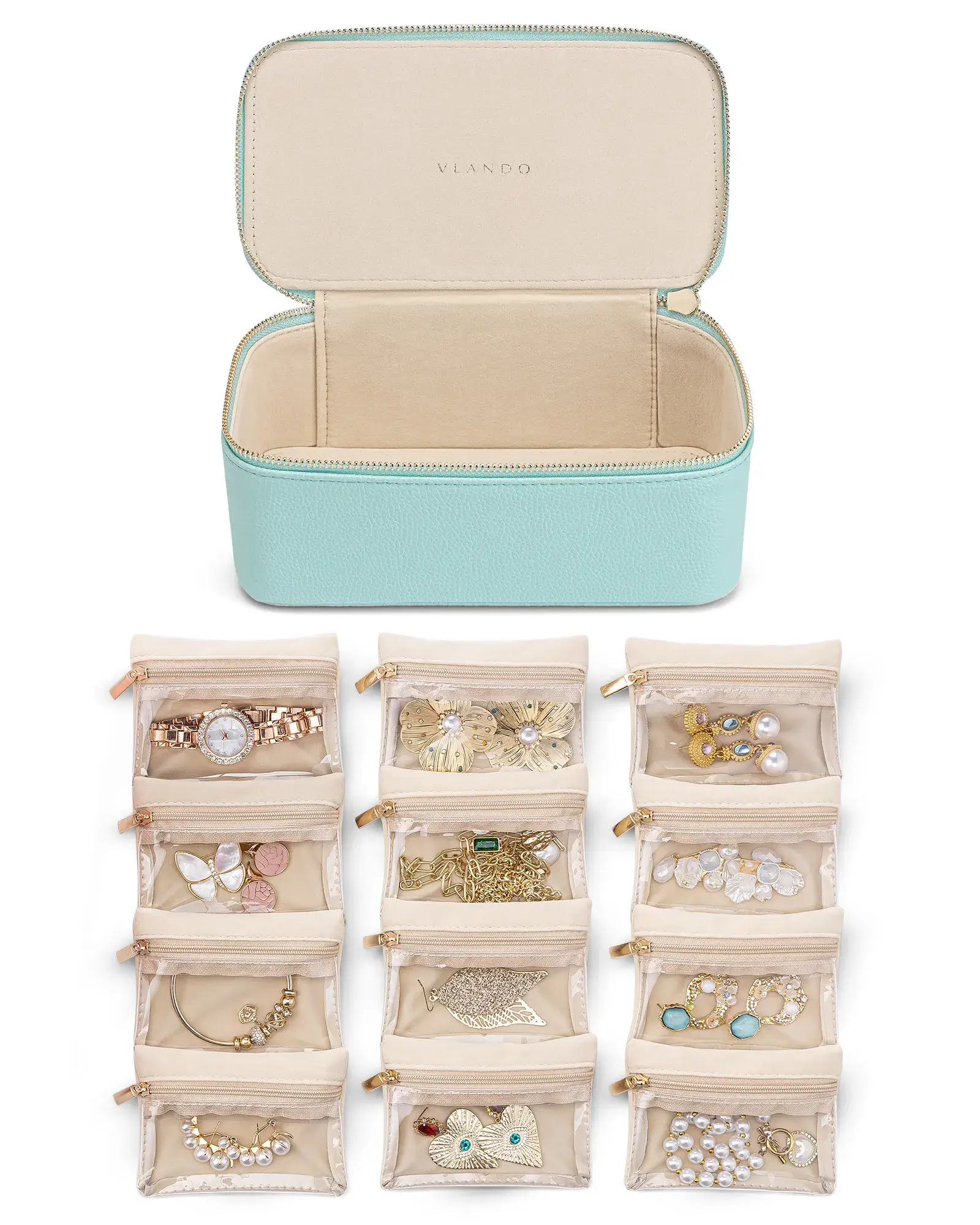 ✨2024 NEW✨Travel Storage Bags,Leather Jewelry Case for 12 Clear Velvet Bags