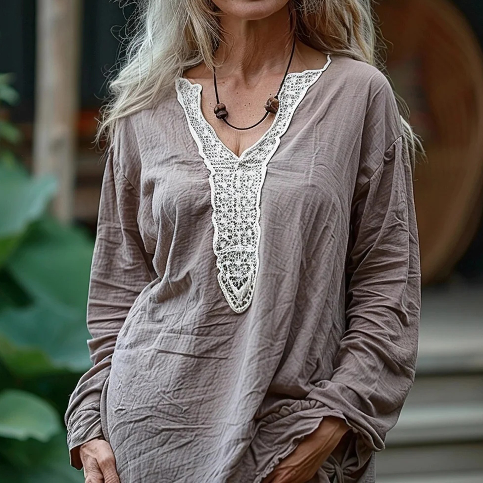 Elegant Lace Embroidery Floral Art Long Sleeve V-neck Shirt