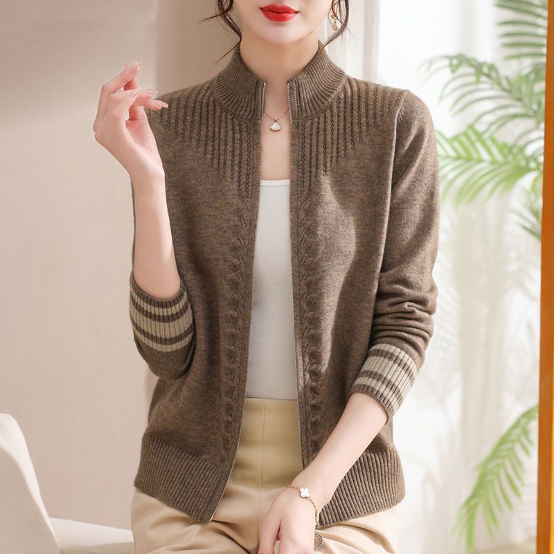 Women's Stand Collar Wool Cardigan Coat with Zipper