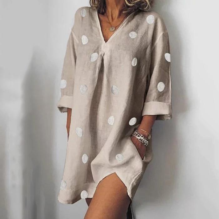 Casual Loose V-Neck Printed Slit Dress
