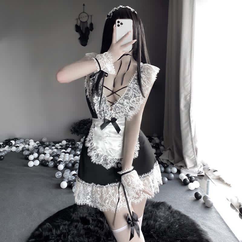 Cosplay Maid Deep V-neck Lace Lingerie Dress