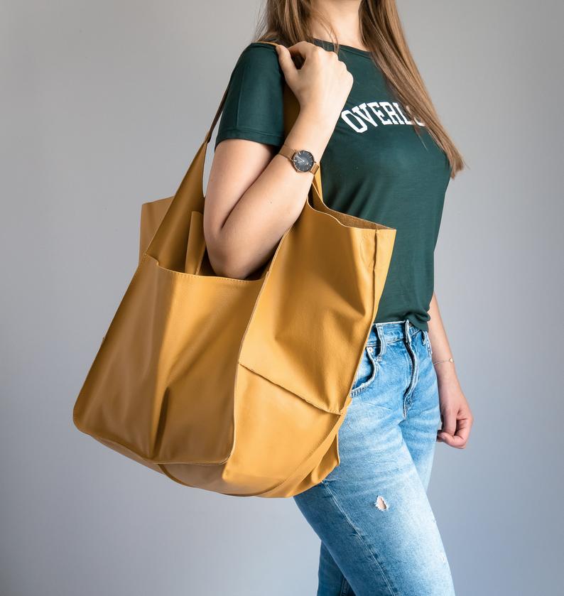 COGNAC LEATHER TOTE bag, Slouchy Tote, Cognac Handbag for Women, Every Day Bag, Women leather bag, Weekender Oversized bag