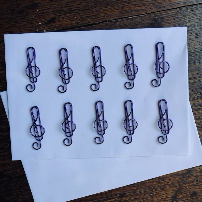 A set of 10 high quality music treble clef colored metal paper clips