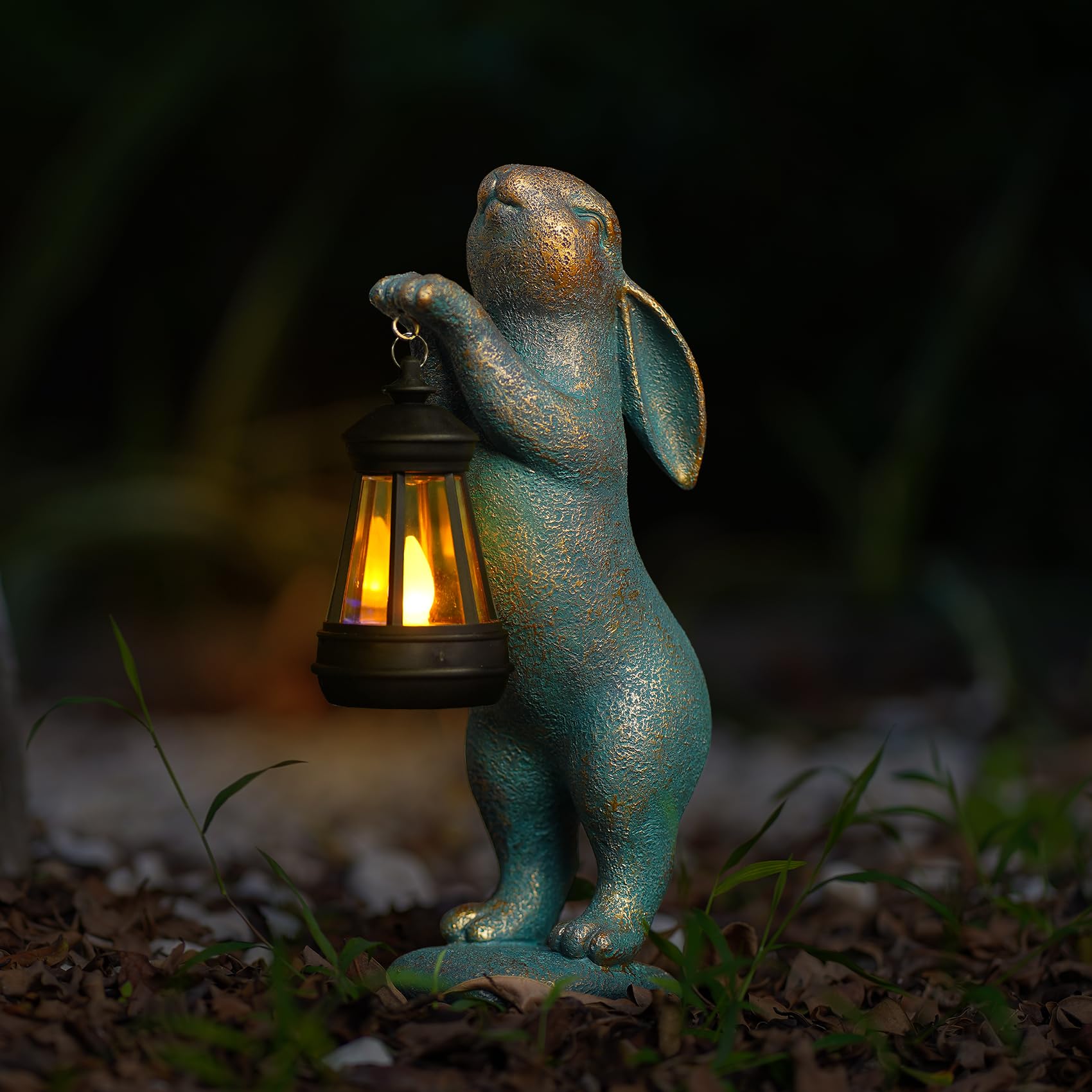 Garden Statues Rabbit with Solar Lantern Flickering Flame Lights