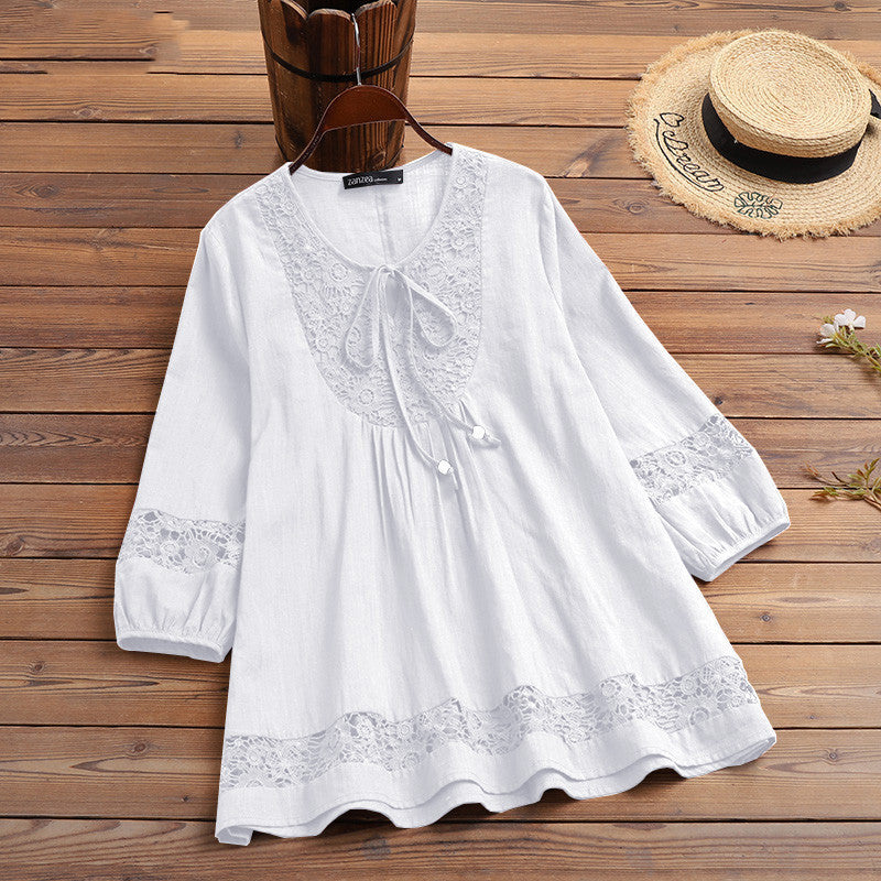Temperament Sleeve Loose Women's Top: Cotton and Linen Stitching with Lace Detail