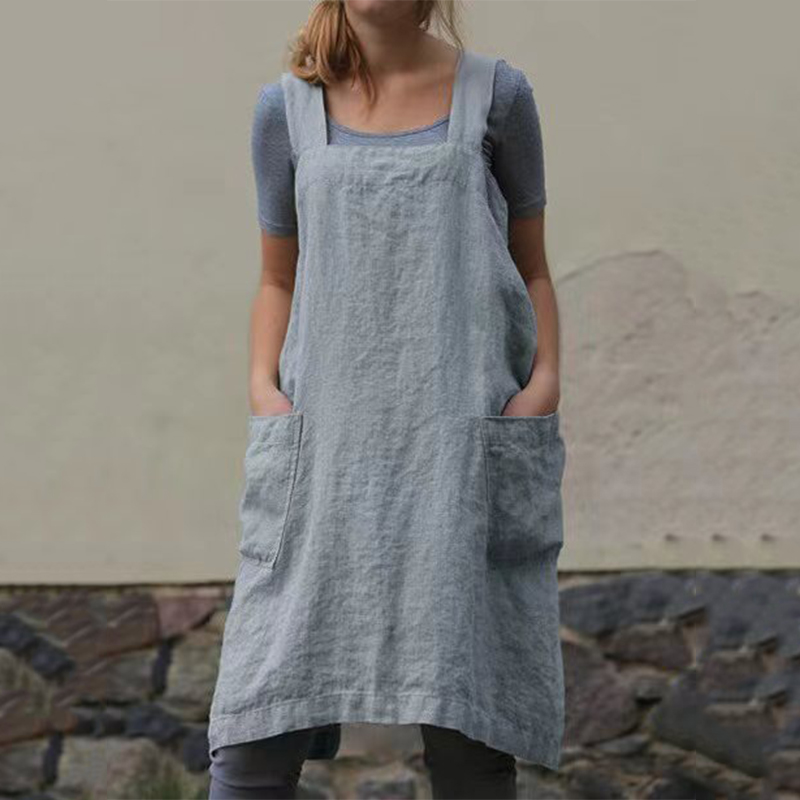 Retro solid color side pocket cotton apron dress