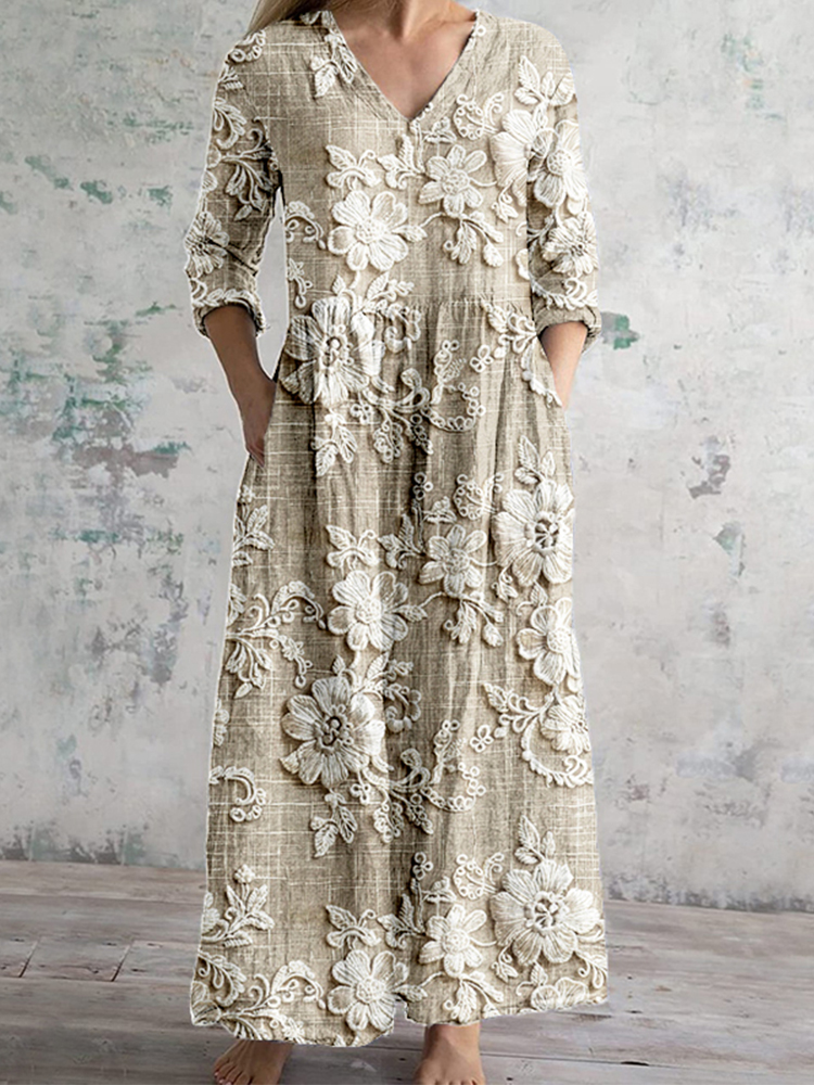 Vintage Floral Lace Embroidered V Neck Linen Blend Maxi Dress