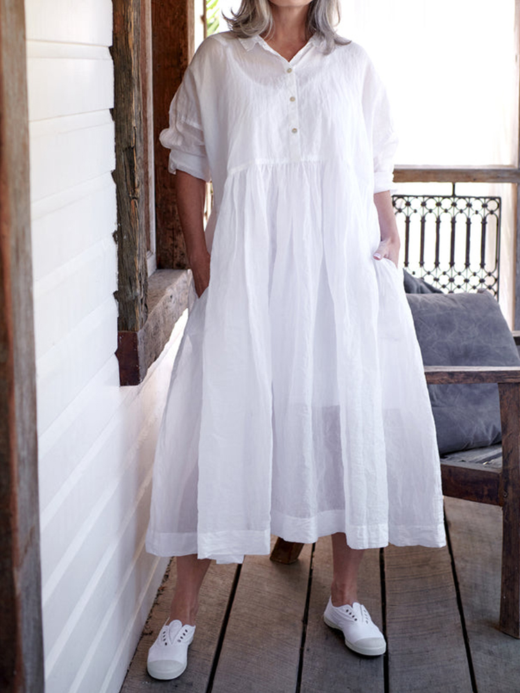 Vintage Pockets Pleated Oversize Maxi Dress