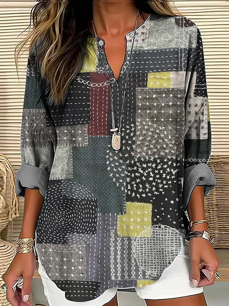 Vintage Japanese Style Geometric Pattern Women's Linen V Neck Shirt