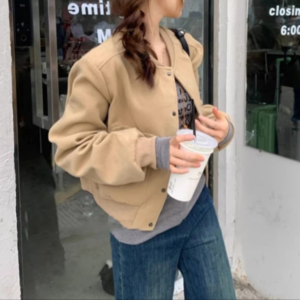 Korean-Style Retro Solid Color Baseball Jacket, Autumn Casual and Relaxed Fit