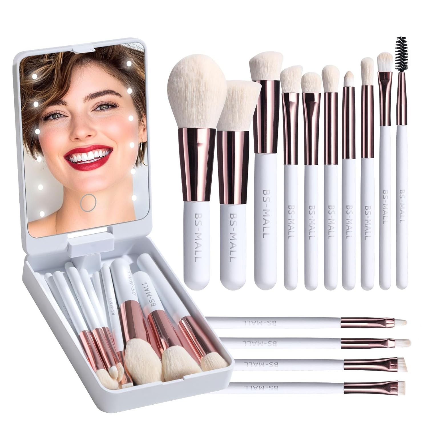 2025 NEW🔥Travel Makeup Brush Set With LED Light Mirror