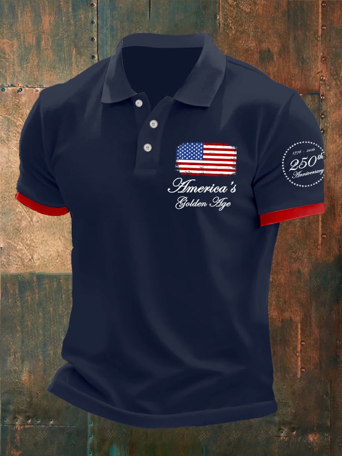 Man's Vintage Independence Day America's Golden Age 1776-2026 250th Anniversary Printed Polo Shirt