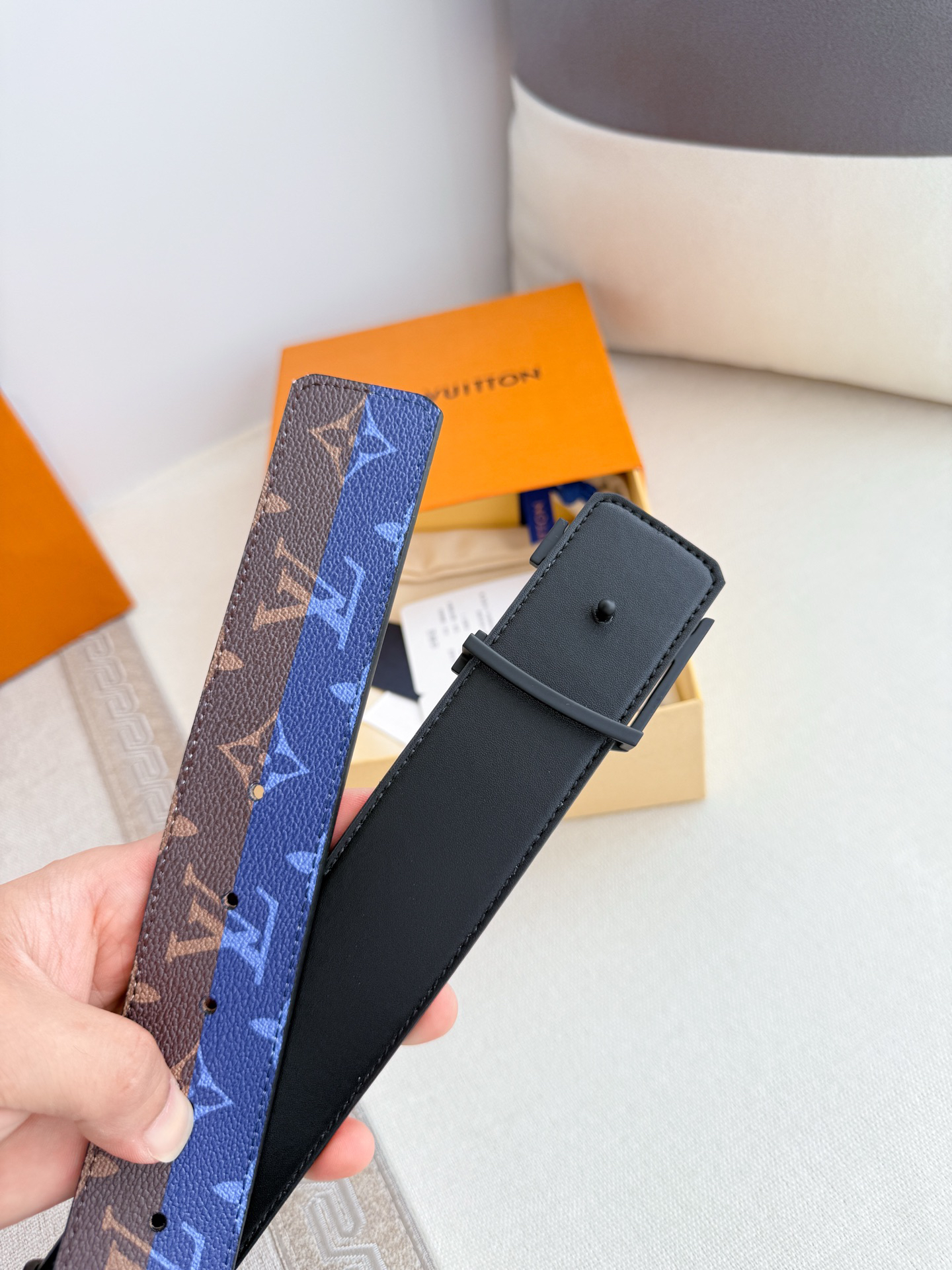 Louis Vuitton Two-tone Monogram Calfskin Men's Belt, 3.8CM Width