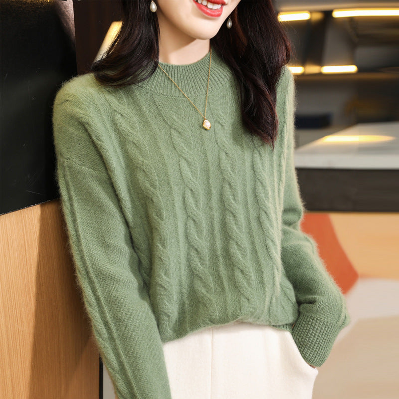 Women's Pure Wool Sweater with Half Turtleneck and Thick Twist Knit Design