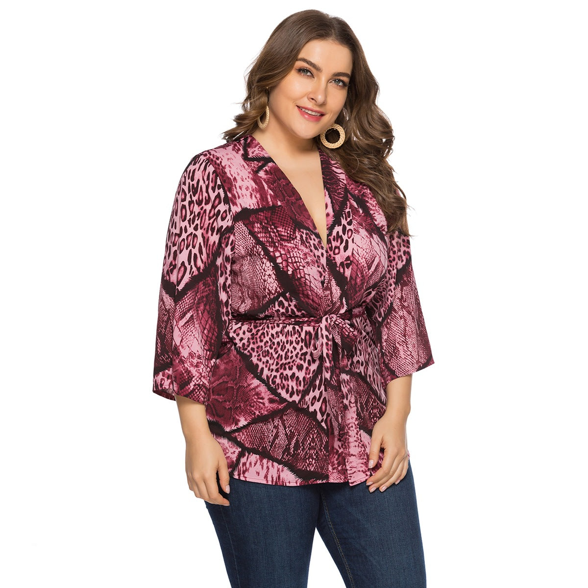 Plus Size Women Spring Autumn Loose Snake Pattern Lace Up Top