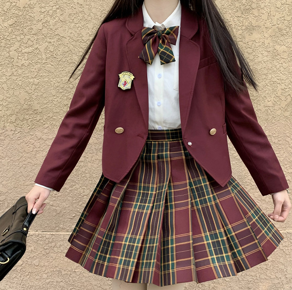 A student uniform of the Institute of wind and Sun Short Burgundy Blazer JK plaid skirt suit