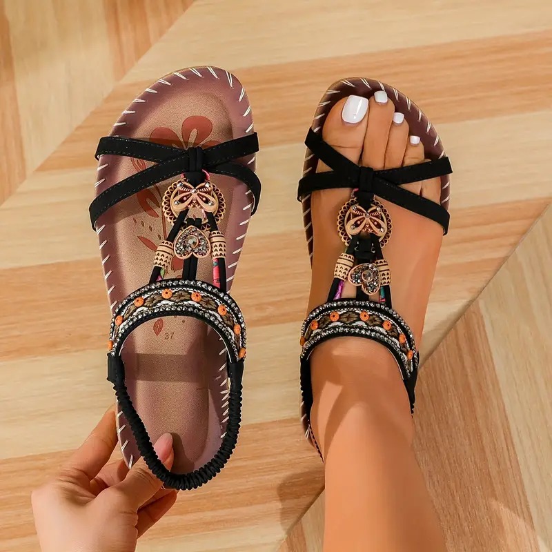 👣Women's rhinestone butterfly flat sandals, bohemian style open toe elastic summer sandals