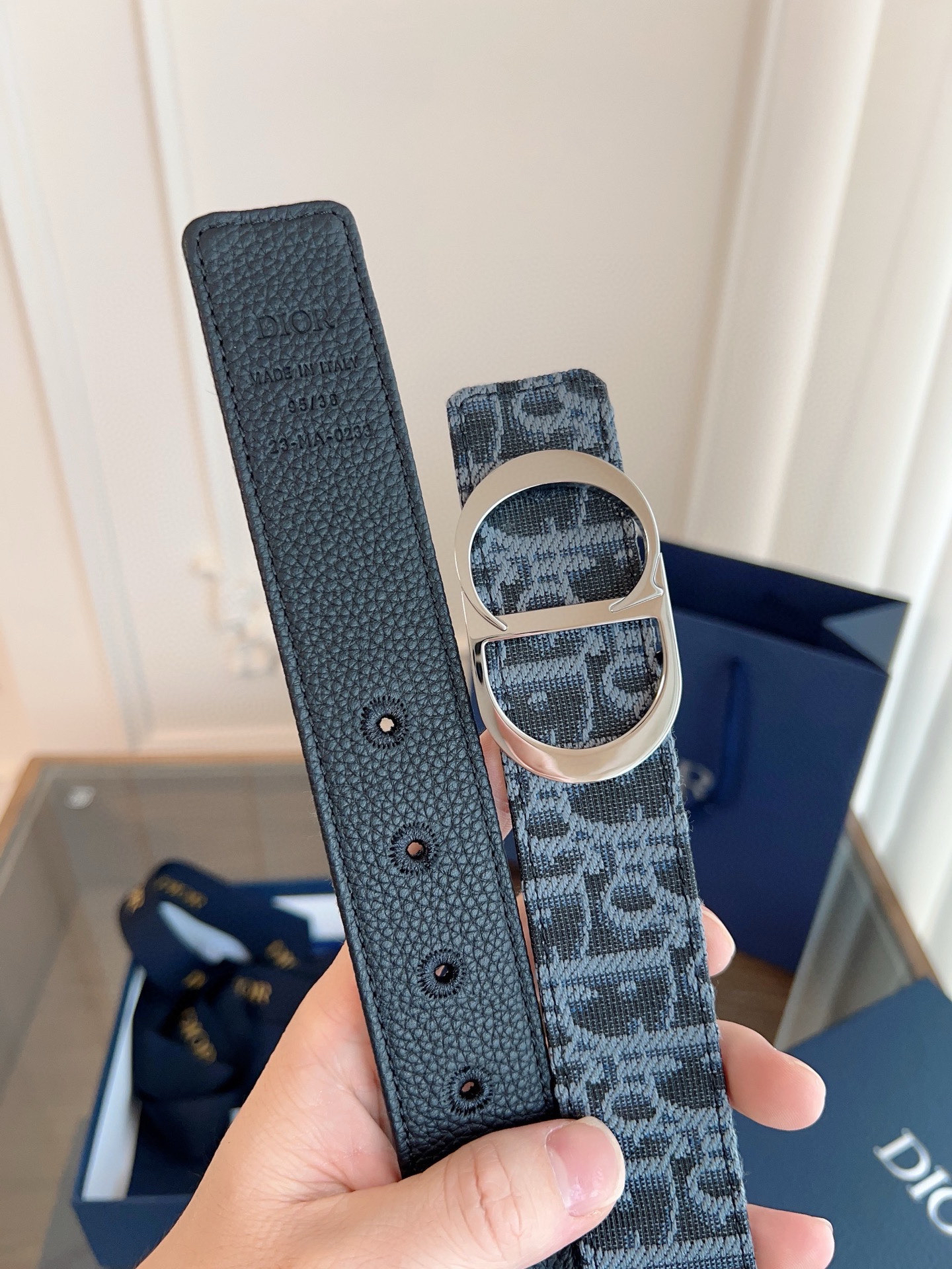 Dior Oblique light blue cloth and black cowhide leather belt width 3.5cm