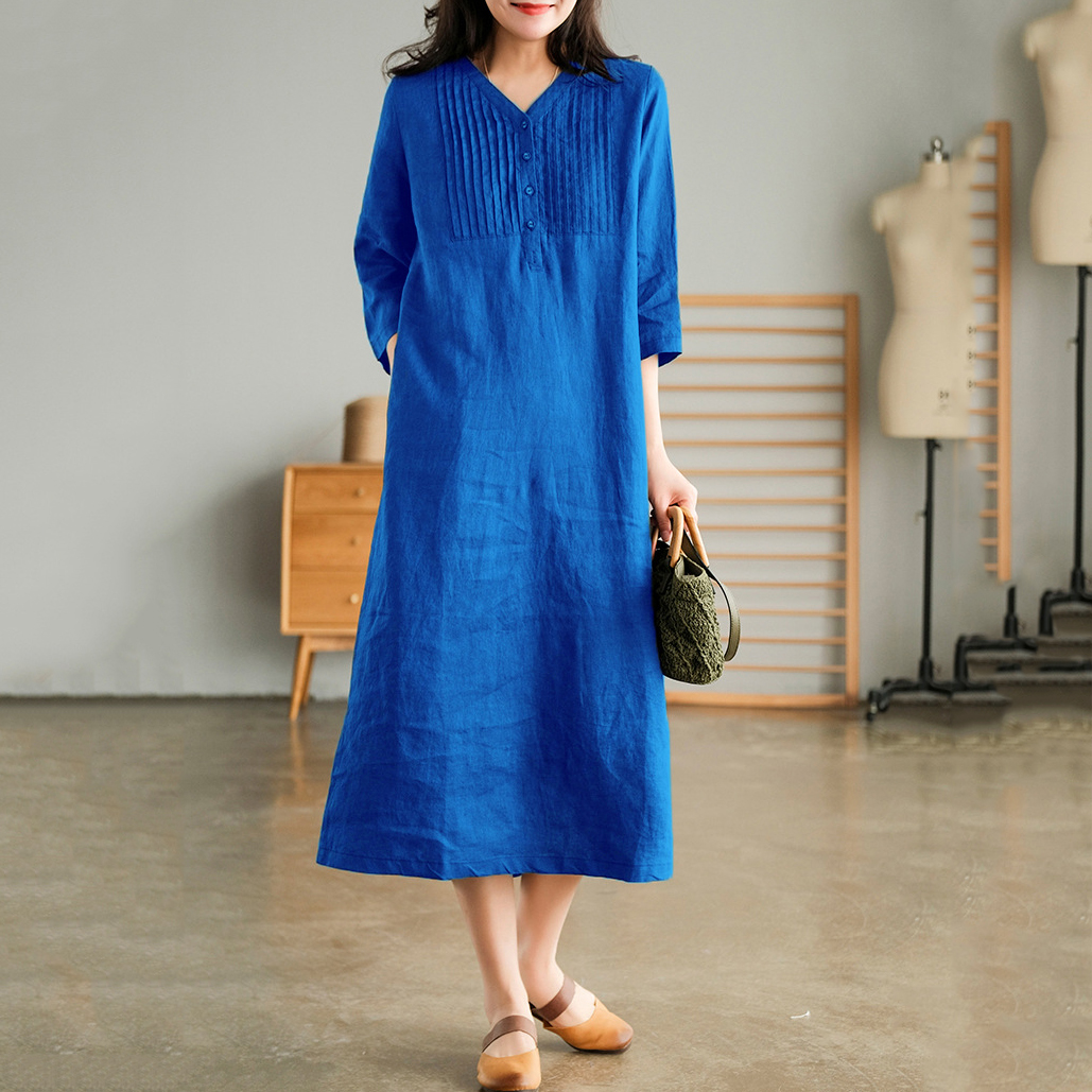 Literary Half Sleeve Fashion V Neck Mid-Length Dress