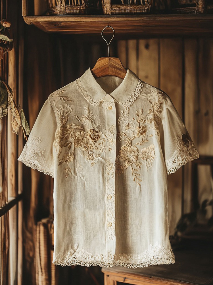 Women's Retro Floral Lace Embroidery Art Shirt