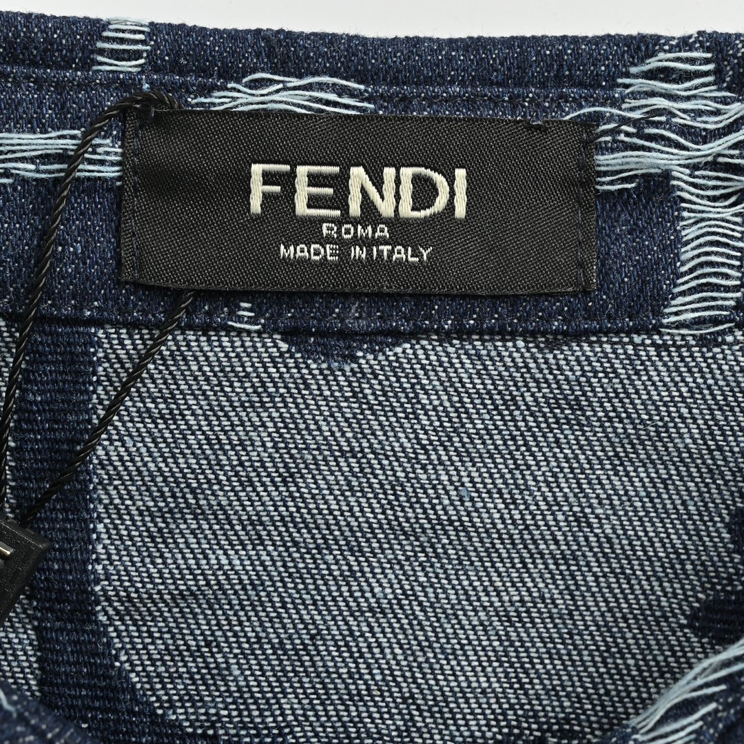 Fendi 24ss checkered FF linen tassel denim short-sleeved shirt