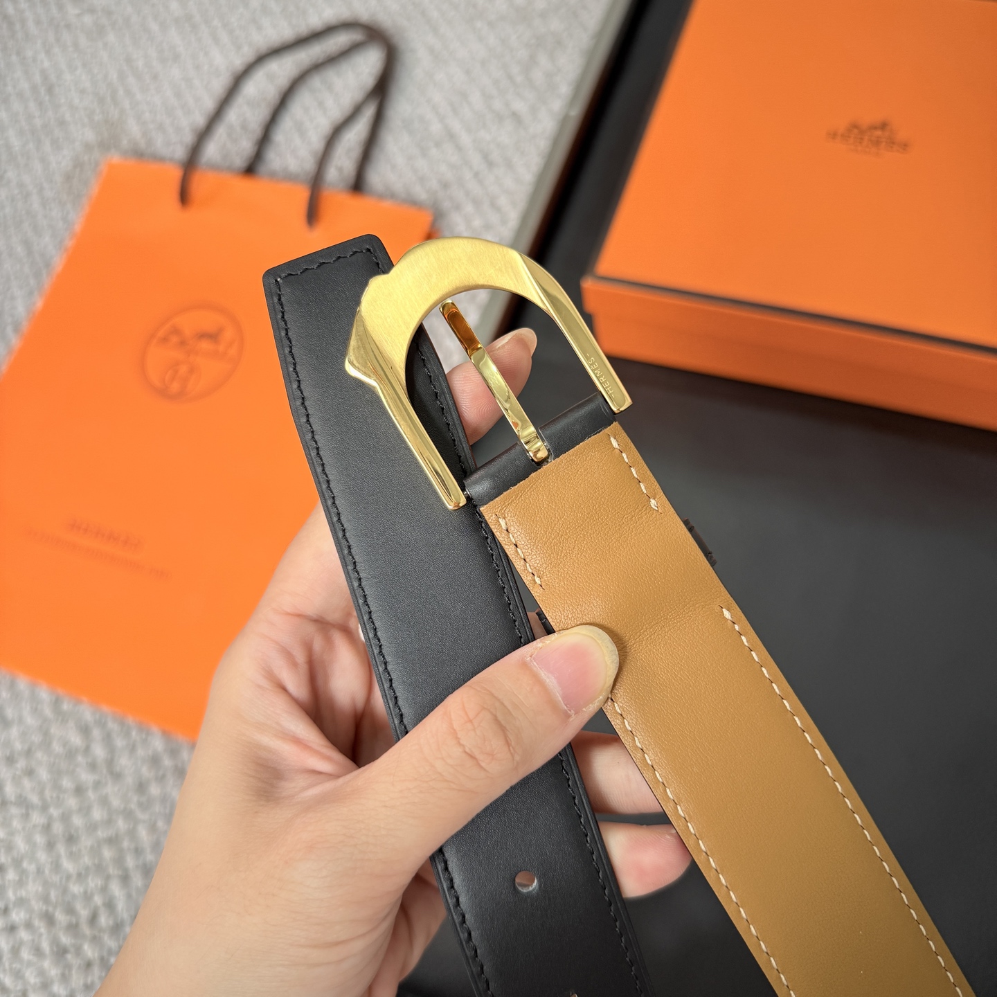 Hermès BoxTogo calfskin double-sided belt 3.2CM wide