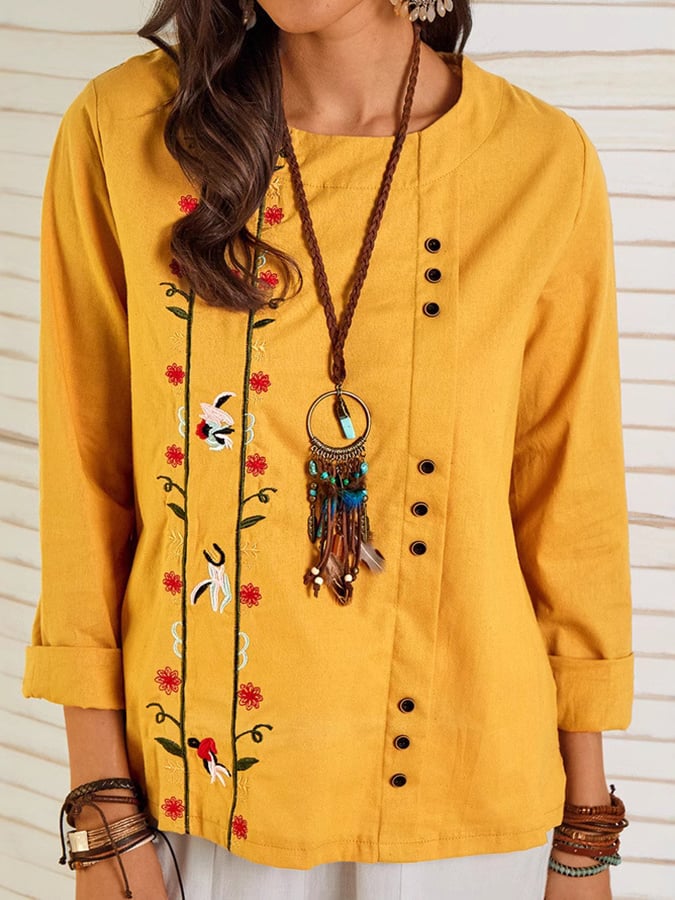 Women's Round Neck Button Up Design Retro Embroidered Long Sleeve Loose Casual Shirt