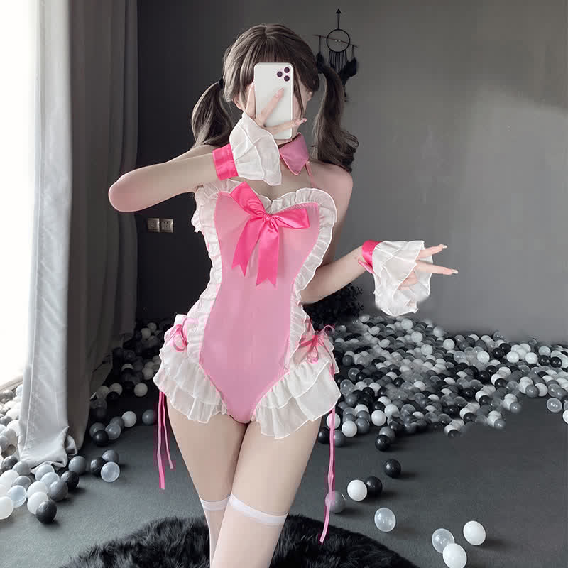 Lace Up Kitty Jumpsuit Lingerie Stockings Set