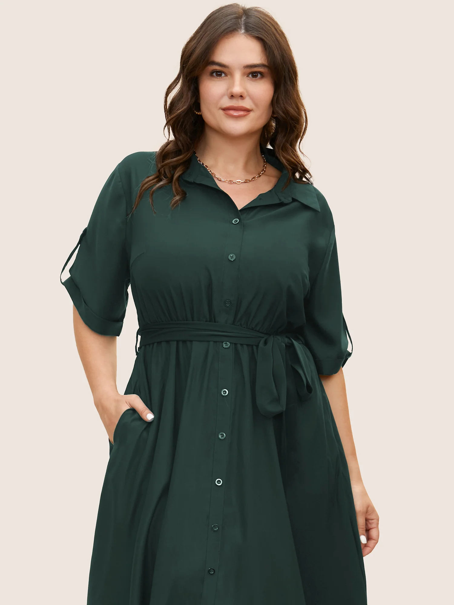 Shirt Collar Tab Sleeve Split Hem Dress