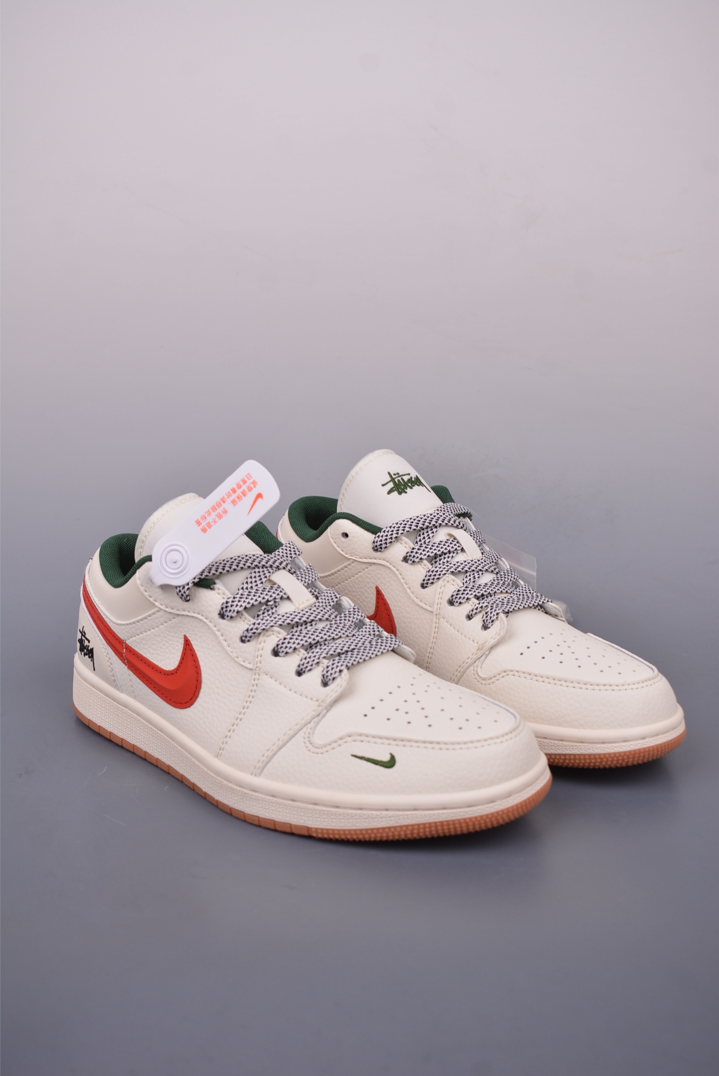 Stussy x Nike Air Jordan 1 Low OGAJ1 Basketball Shoes Off-White, Red and Green